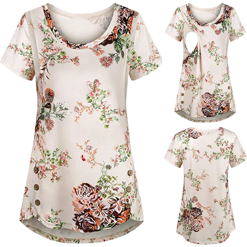 

Women Pregnant T Shirts Maternity Nursing Baby Tops Stripe Breastfeeding Top Summer Print Mothers T-Shirt Blouse #43