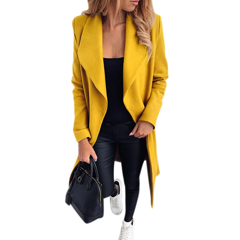 

Lady Outwear Solid Turn-down Collar Cardigan Jacket Fahion Women Elegant Belt Long Coat Classic Casual Office Jacket