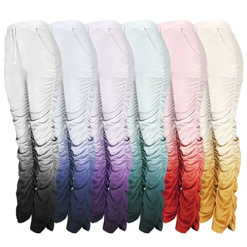 

ZKYZWX Sexy Gradient Print Stacked Sweatpants Women Joggers Elastic High Waist Bell Bottom Trouser Flare Ruched Leggings Pant