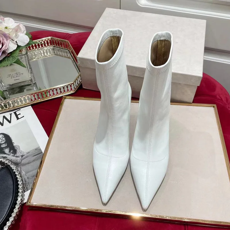 

Designer Elegant High-end Soft Sheepskin Ankle Boots Fashion Ladies White Leather Stiletto Heel Autumn/Winter Woman High Heels