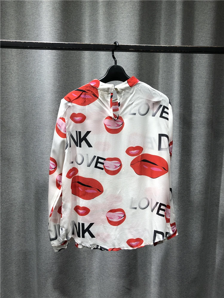 

Long Sleeve Letter Print Silk White T Shirt Spring/Summer 2021 New Fashion Collar Tops