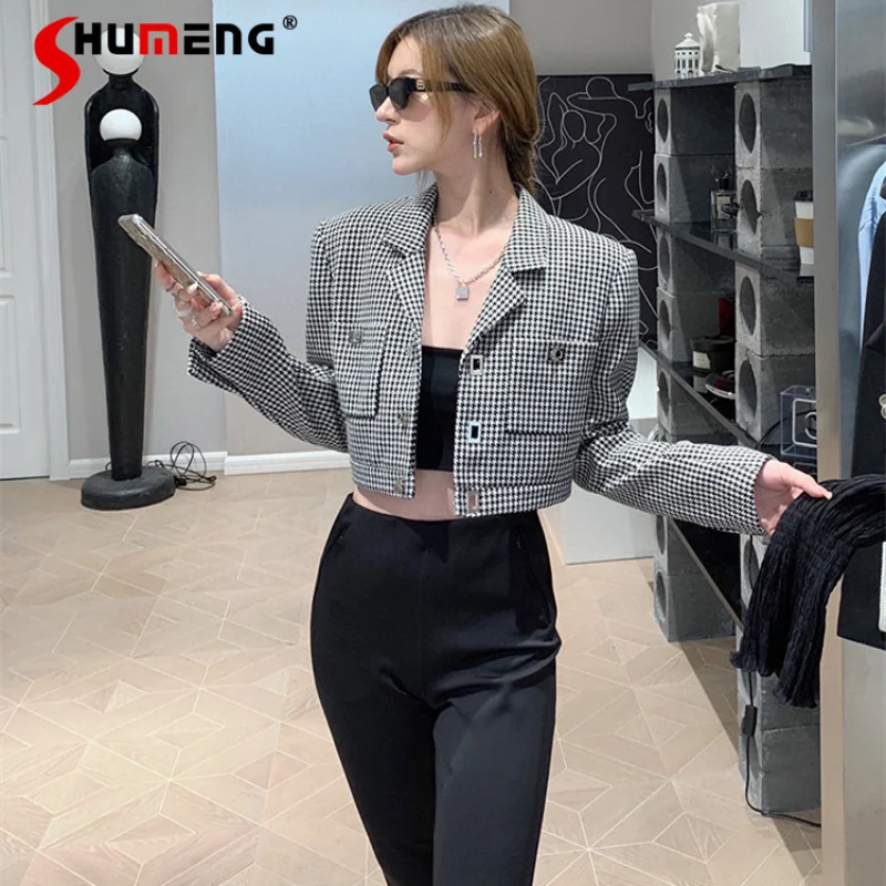 

2021 Autumn and Winter Tweed Short Thin Jacket and Coat Office Ladies Women's Retro Metal Buckle Houndstooth Suit Streetwear