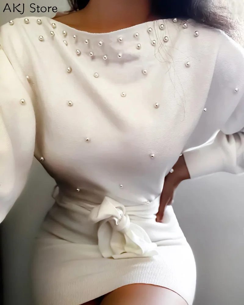 

Women Sexy Solid Beaded Batwing Sleeve Knit Long Sleeve Elegant Bodycon Dress