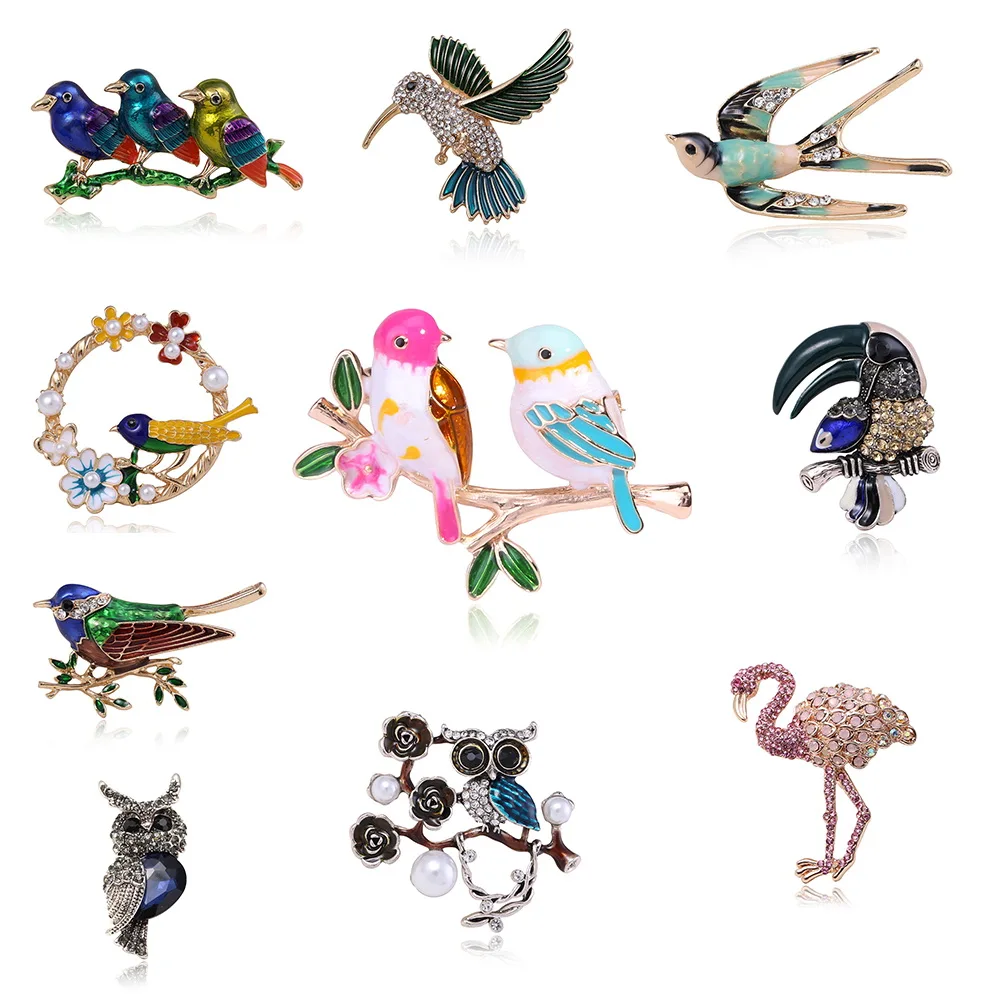 Женская эмалированная брошь ручной работы Милая в виде птицы с кристаллом