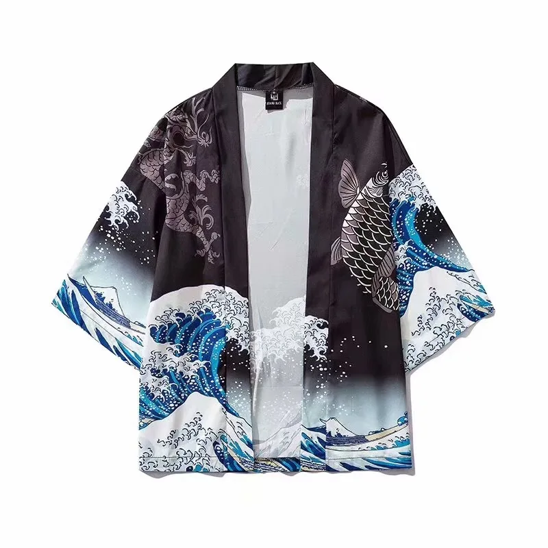 

Kimono For Men Cross-border foreign trade single-day Japanese Ukiyo-e Taoist robes, sea waves, carp prints and loose shirts