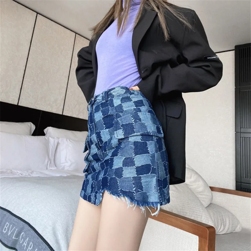 

2021 New Women's Summer Sexy Plaid A-Line High Waist Slim Short Denim Skirt