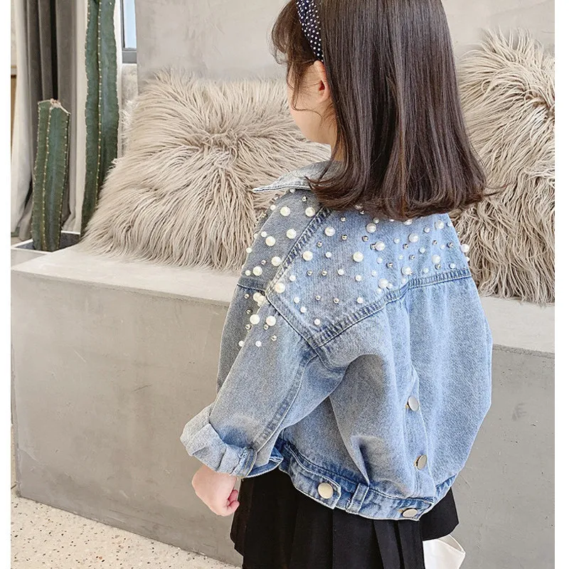 

Pearls Beading Denim Jacket For Girls Fashion Coats Children Clothing Autumn Baby Girls Clothes Outerwear Jean Jackets Coat