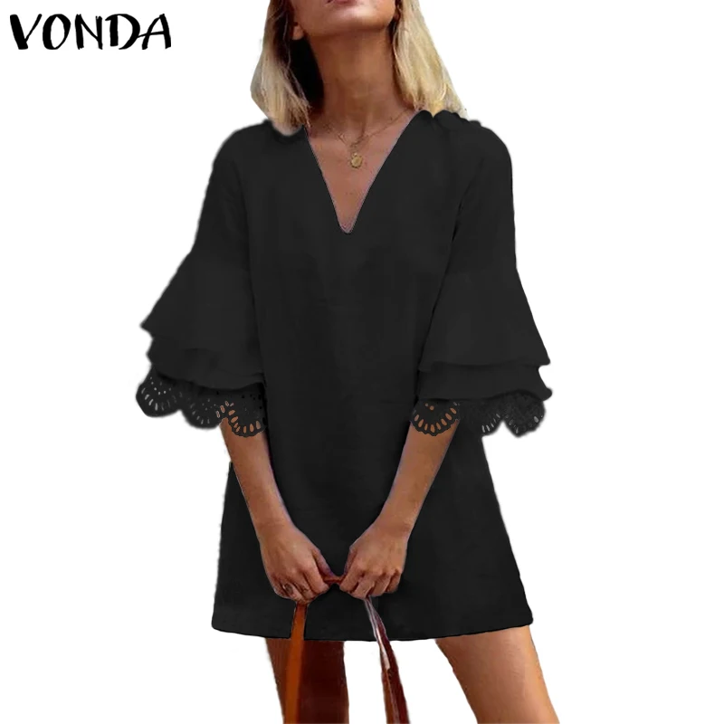 VONDA летнее платье для женщин полые Половина рукава расклешенные мини с оборками