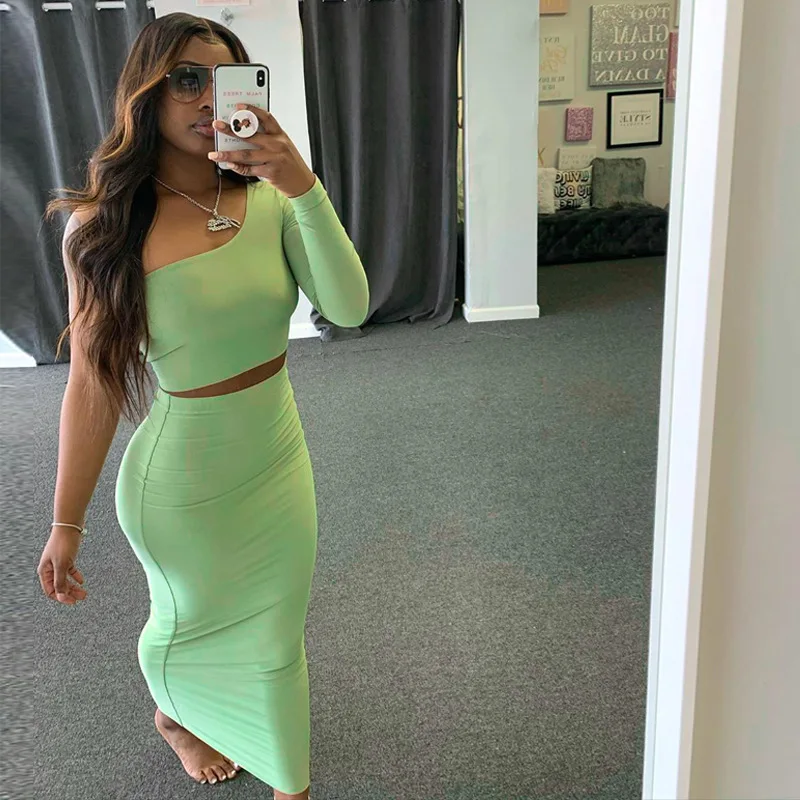 

wsevypo Solid Color Two Pieces Top and Skirts Suits Women Casual One Shoulder Long Sleeves Crop Tops+Maxi Bodycon Skirts
