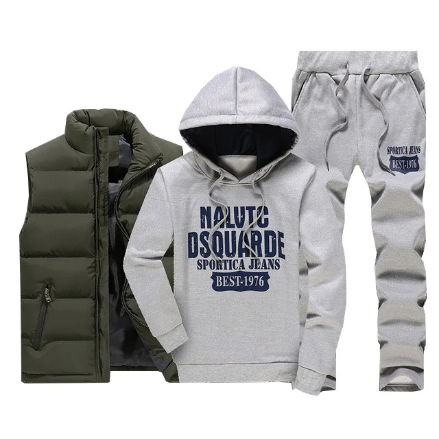Gray 3 Pieces Толстый спортивный костюм мужские теплые мужские комплекты из 3 предметов с капюшоном осенние флисовые толстовки+ жилет+ спортивные штаны зимние спортивные костюмы Мужское пальто - Цвет: Gray 3 Pieces