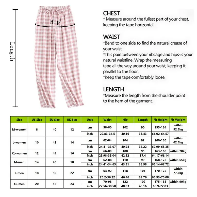 

Spring Summer Men Women Sleepwear Pants Trousers Couples High-Waist Cotton Plaid Homewear Pants Women Comfortable Loose Pants