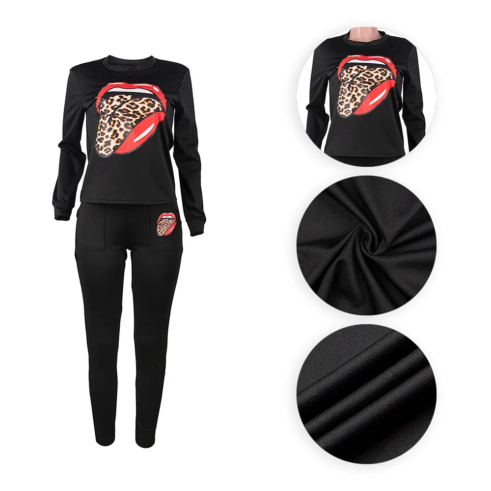 

Leopard Tongue Print Lip Print Solid Color Casual Pants Long Sleeve Sweatsuit Women Two Piece Outfits