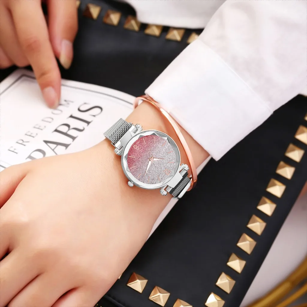 

Sleek Ladies Starry Sky Watches Crystal Gradual Color Dial Stainless Steel Quartz Wrist Watch Women Clock reloj mujer Gifts /d