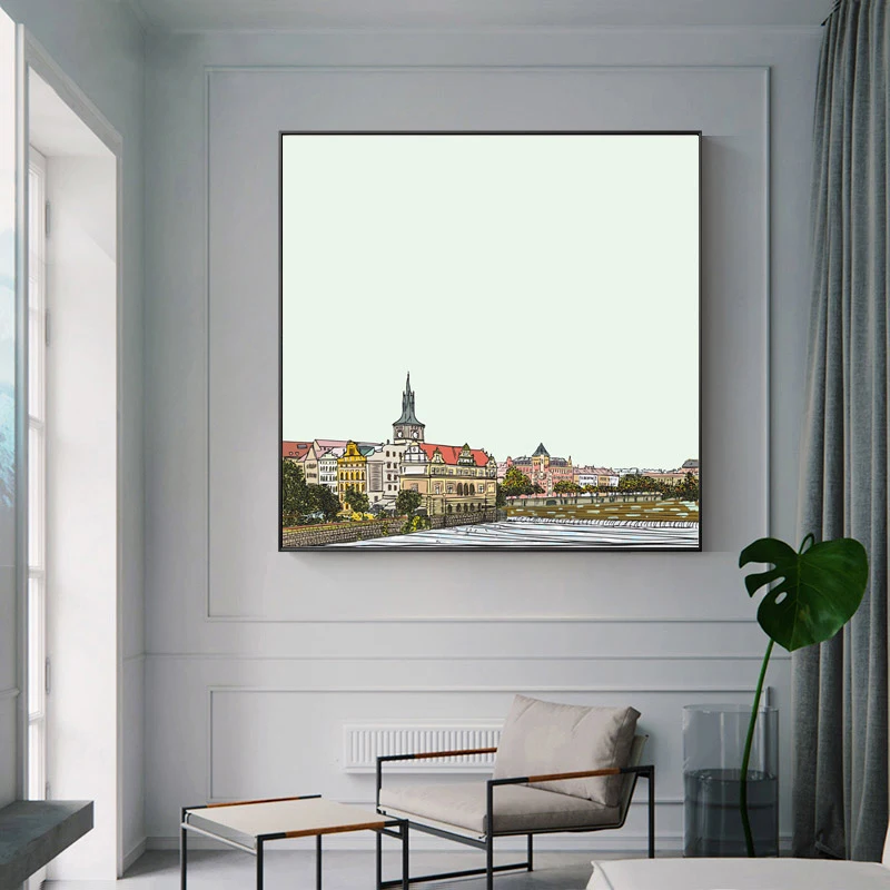 

City Buildings Landscape Nordic Water Oil Painting On Canvas Wall Art Aesthetic Room Decor Posters and Prints Bedroom Decoration