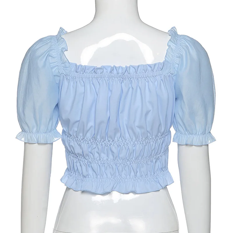 

2020 Short Puff Sleeve Pleated Slash Neck Sexy Crop Tops Summer Women Fashion Streetwear Outfits T-shirts