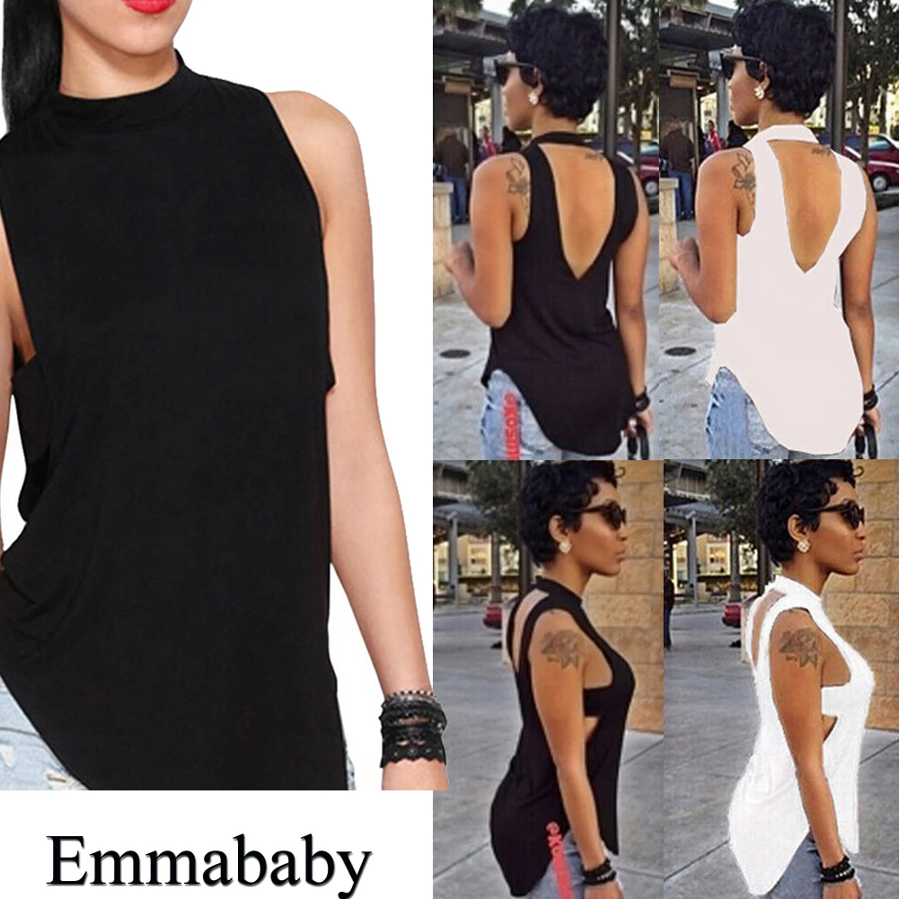 Женская летняя футболка без рукавов с открытой спиной и круглым