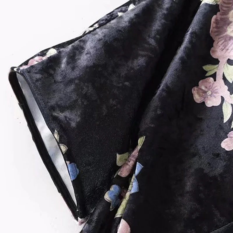 HStar 2020 new fashion vintage floral print dress V neck velvet short sleeve pencil split front black | Женская одежда