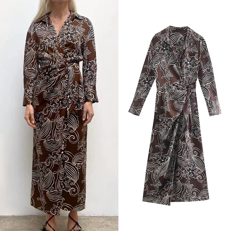 

Женское офисное платье-трапеция Za, длинное платье с отложным воротником и длинным рукавом, с принтом, модель OZZ1360, 2022