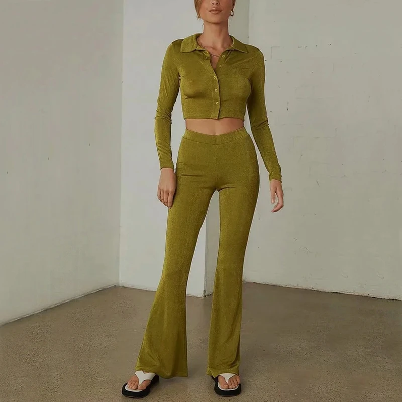 

Women Spread Collar Button Through Crop Top And Flare Trouser Co-ord