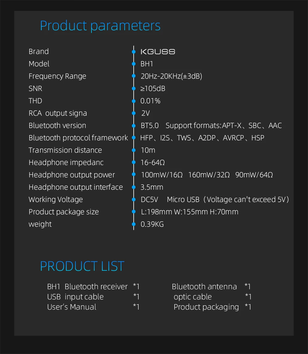 KGUSS BH1 DAC QCC3008 Bluetooth 5,0 CS8406 аудио декодер PCM5102A APTX усилитель для наушников