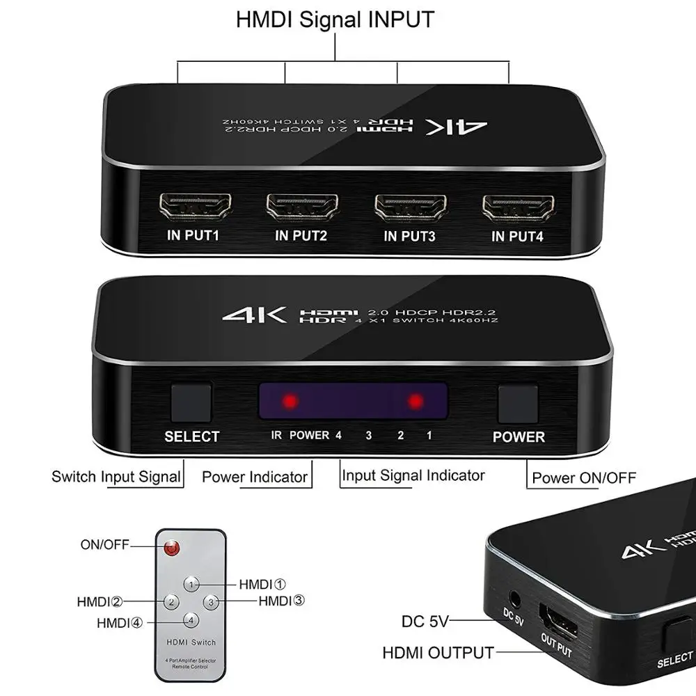 HDMI Switch 4x1 60hz 4 Port Auto Box Support HDCP 2.2 4Kx2K 3D 1080P in 1 Out Switcher Sele | Электроника