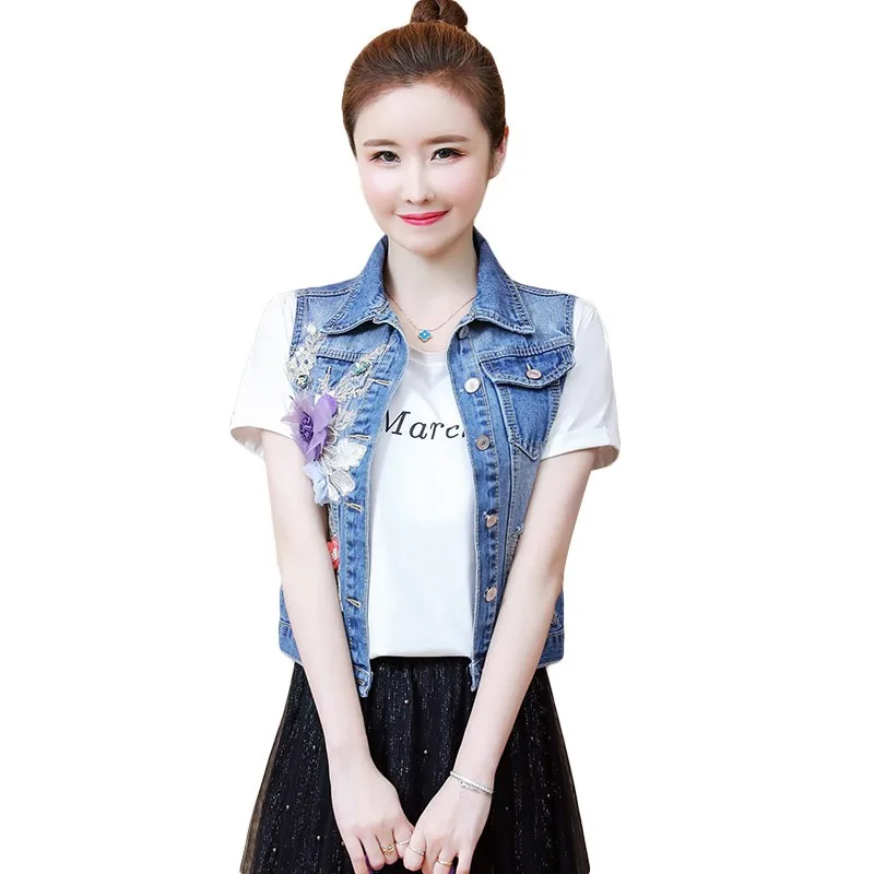 

Summer Women's Denim Vest Jackets 2022 New Embroidery Vintage Short Jacket Hole Jeans High Quality Vest Coats Female Waistcoat
