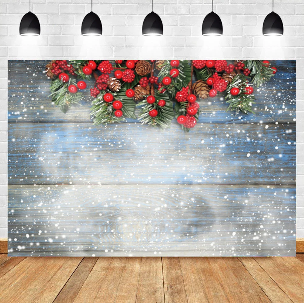 

Laeacco Winter Christmas Wooden Board Snowflake Cherrie Birthday Portrait Backdrop Photographic Photo Background For Photo Studi