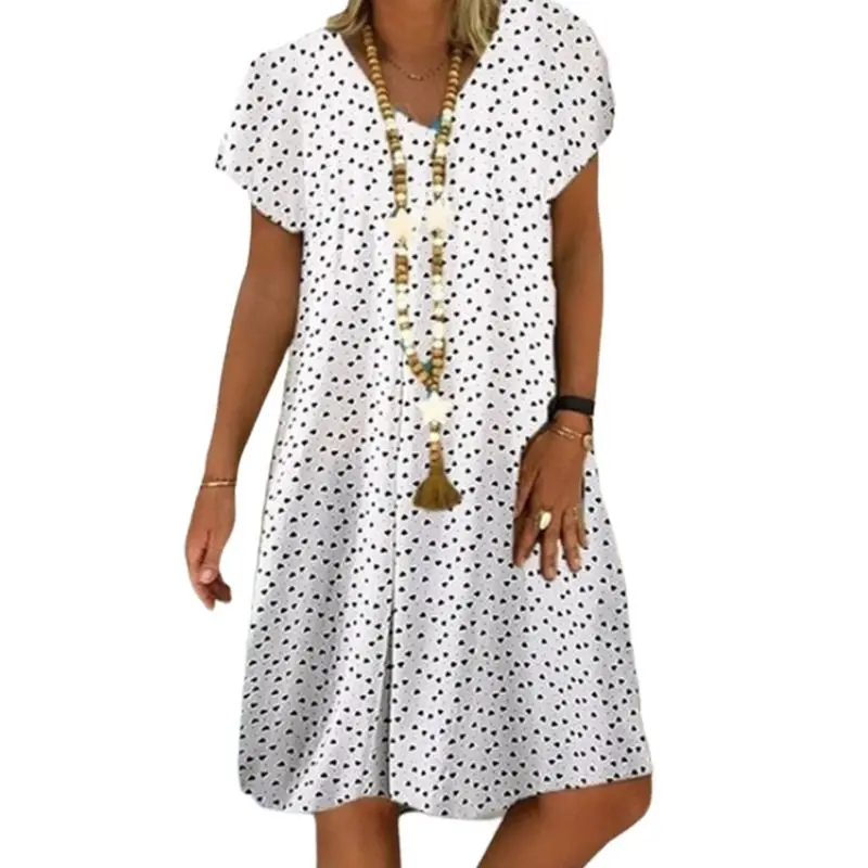 Женское свободное платье миди с коротким рукавом винтажное однотонное пляжное