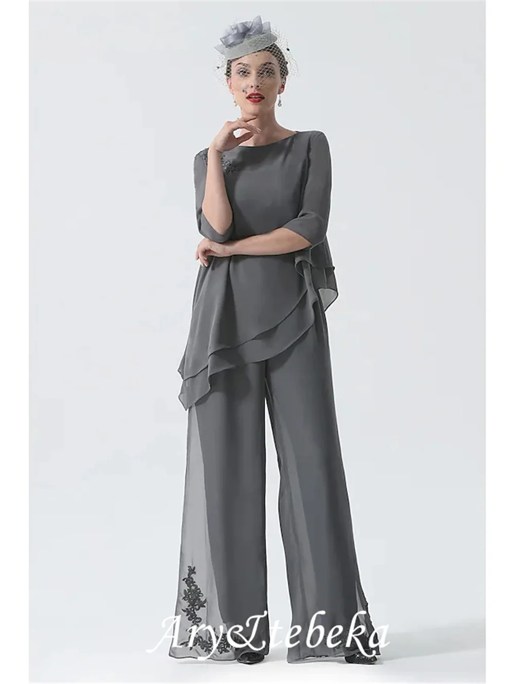 

Mother of the Bride Dress Plus Size Jewel Neck Floor Length Irregual Pantsuit Chiffon 3/4 Length Sleeve with Draping Jumpsuit