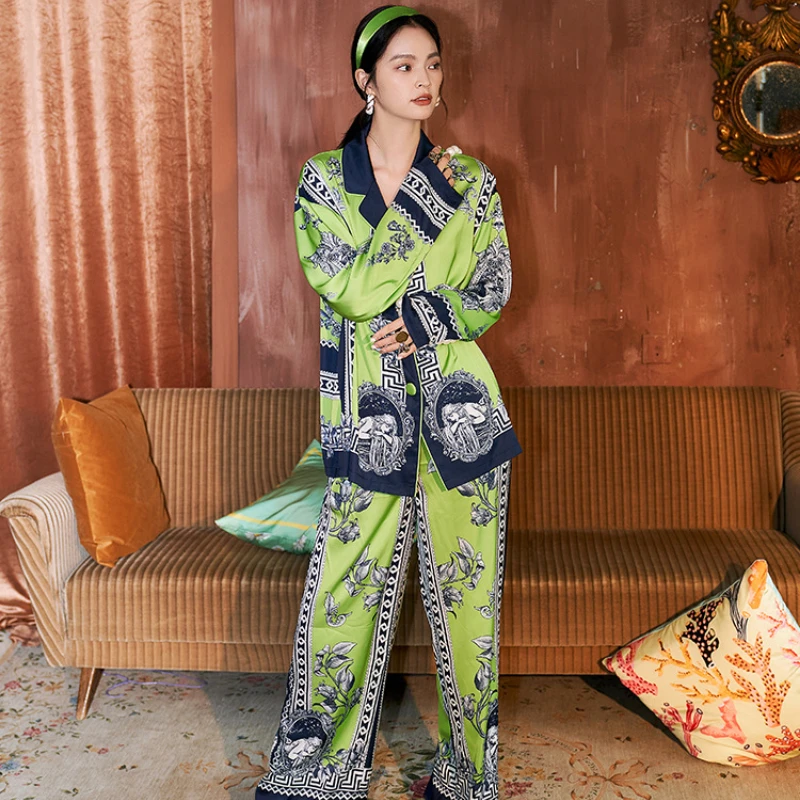 

2021 New Autumn Bohemian Style High-grade Ice Silk Pajamas Women's Long-sleeved Trouser Suits Two-piece Sleepwear Home Service