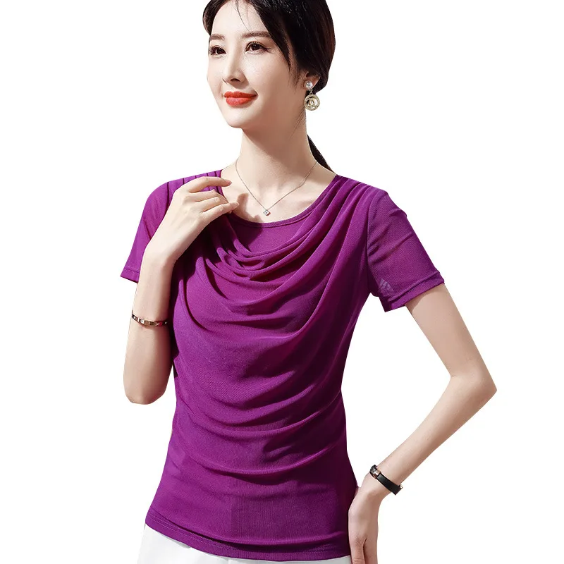 

2021 New Summer Solid Color Pleated shirt Fashion Casual Short Sleeve Mesh Tops Elegant Slim Plus Size Purple Women t-shirt