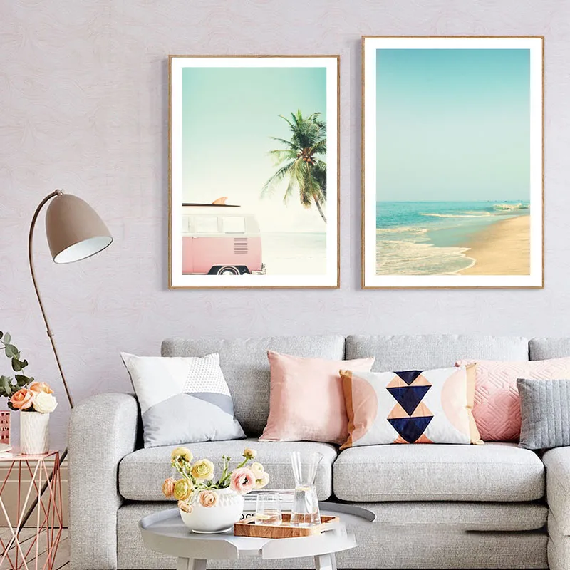 Nordic пляж морской розовый ключа автомобиля Плакаты и принты Зеленая морская Wall Art
