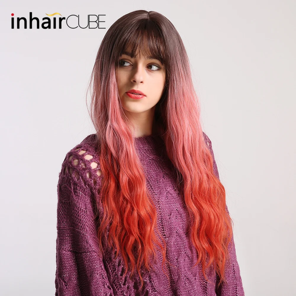 Inhair Cube женский парик темно-коричневый корень Омбре Красный Длинные волнистые термостойкие синтетические волосы парики для женщин использование и косплей бесплатные подарки