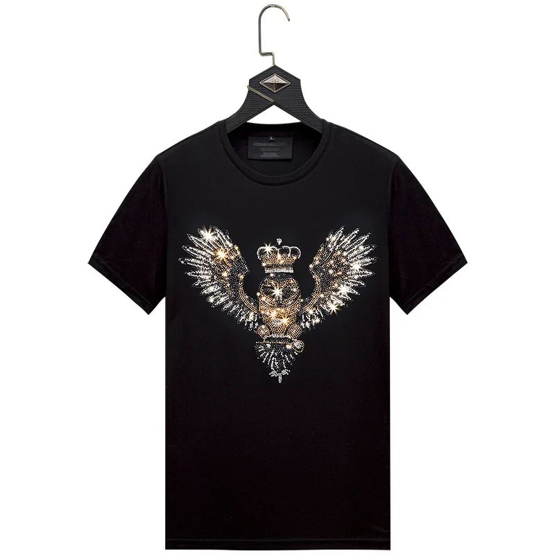 

Plus Size 2021 Owl Crown Rhinestones T Shirts Men Brand Short Sleeve Fashion Man Streetwear O Neck Slim Tshirts Camisetas Hombre