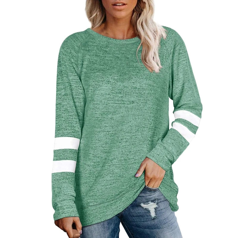 

Women Long Sleeve Double Stripes Sweatshirt O-Neck Color Block Loose Tunic Tops 6XDA