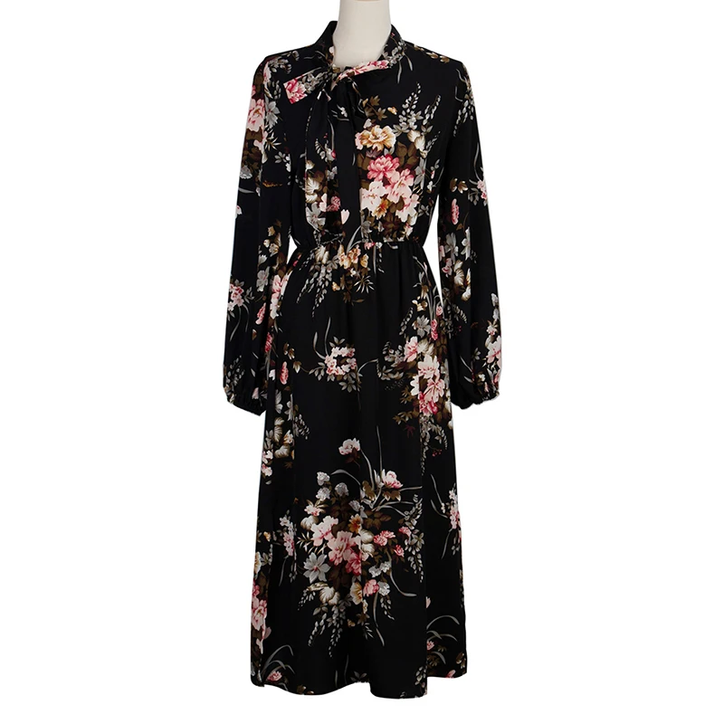 

Puff Sleeve Autumn Winter Floral Dress Women Casual Bow Long Sleeve Dress 2020 New Style