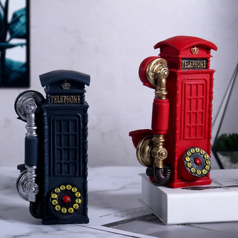 

21CM European Resin Telephone Booth Figurines Home Living Room Wine Cabinet TV Decorations