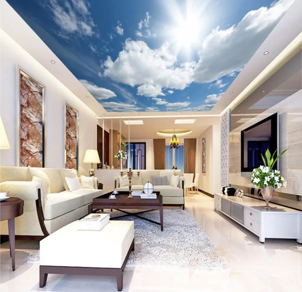 Фото обои Гостиная Спальня КТВ потолочные фрески с изображением синего неба