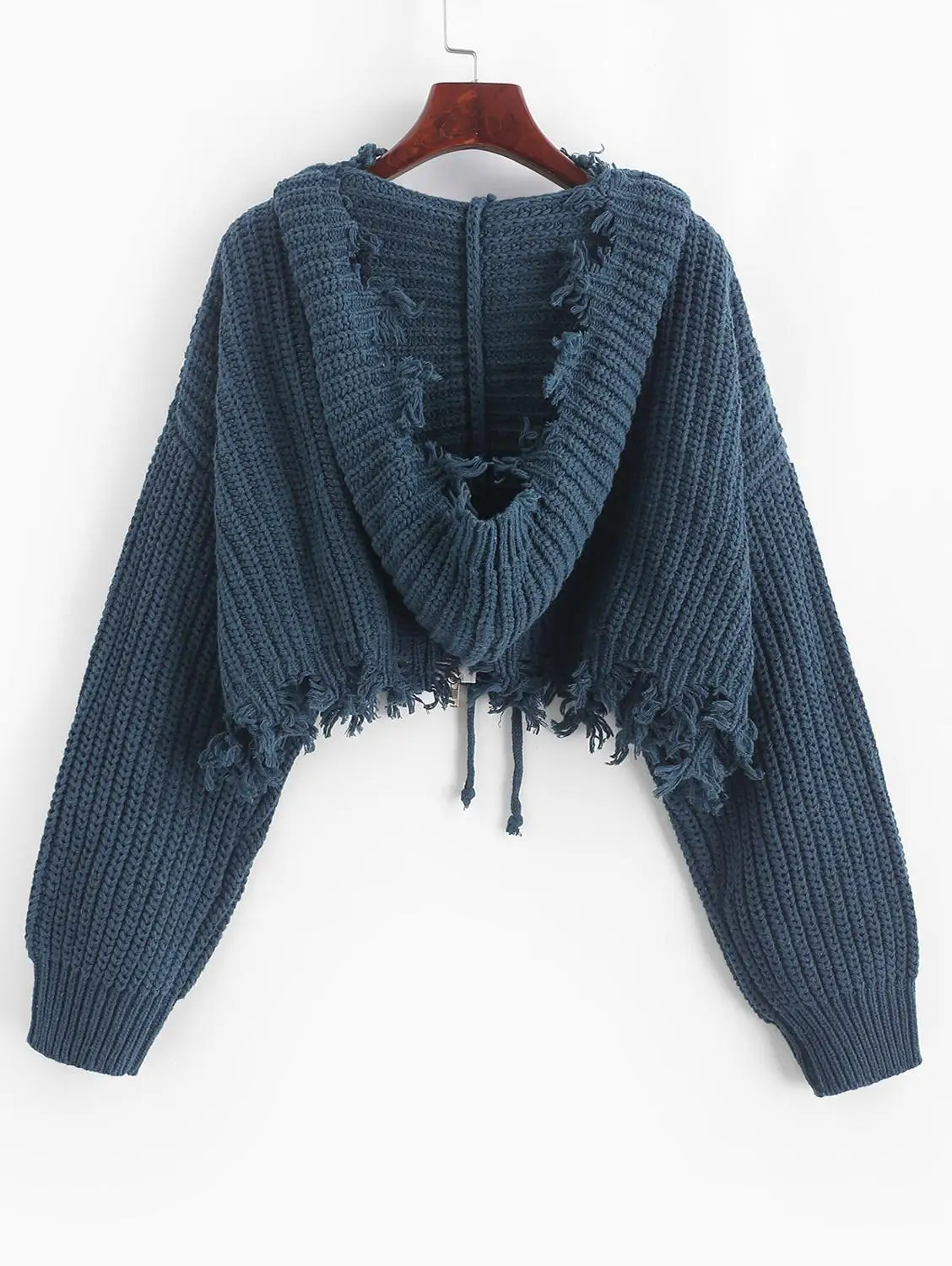 ZAFUL Hooded Zip Up Distressed Cropped Cardigan Elastic Ripped Solid Loose Short Drop Shoulder Sweater Autumn |