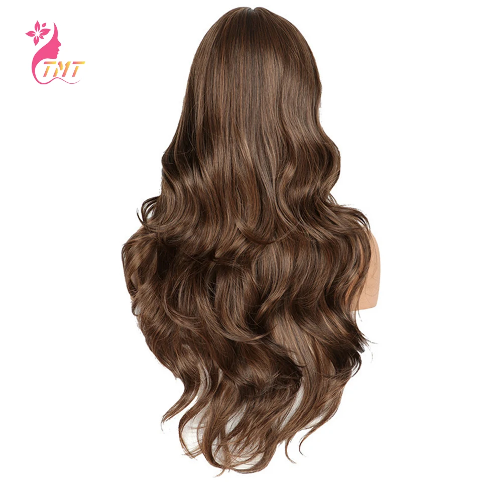 

Long Wavy Synthetic Wig with Bangs Body Wave Fiber Wig Natural Curly Heat Resistant Full Machine Made Wig For Black Women