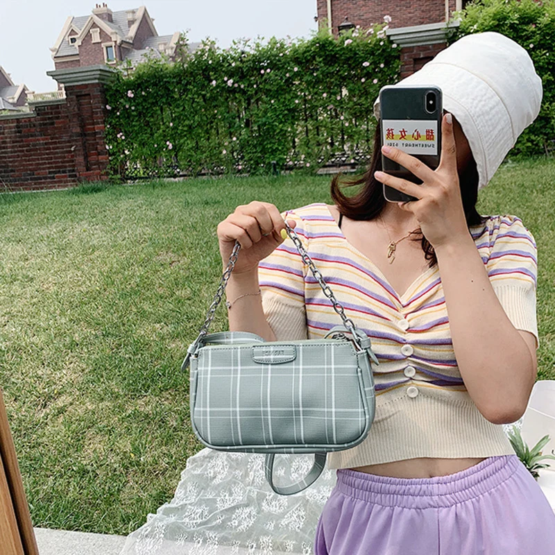 

Casual Plaid Lady Summer Crossbody Bag 2021 Simple Metal Chain Shoulder Bags Fashion Designer Lattice Women Handbags Mujer
