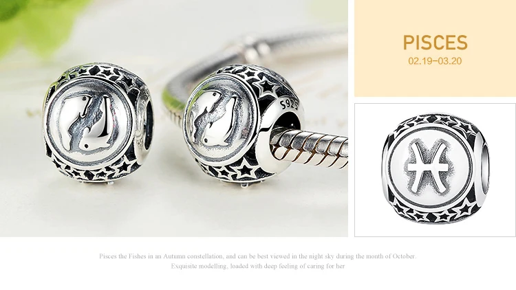 Pisces BISAER, винтажный 925 пробы, серебряный, Водолей, Знак Звезды, Зодиак, бусины, подходят для шармов, браслеты, сделай сам, 12 созвездий EDC048 - Цвет: Pisces