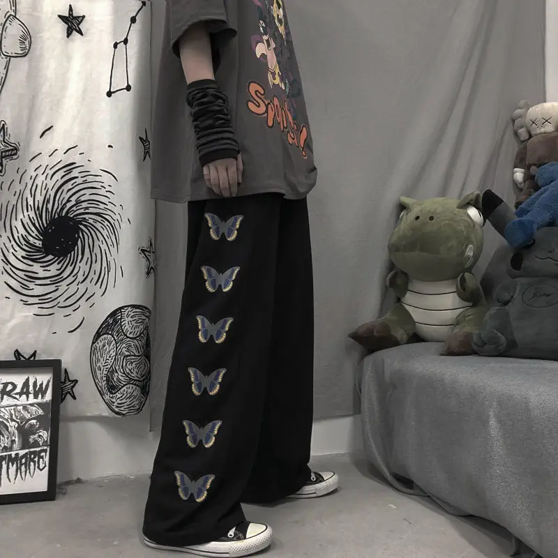 

MINGLIUSILI Butterfly Print Trousers Women Korean Fashion Summer Sweatpants High Waist Streetwear Black Loose Casual Pants