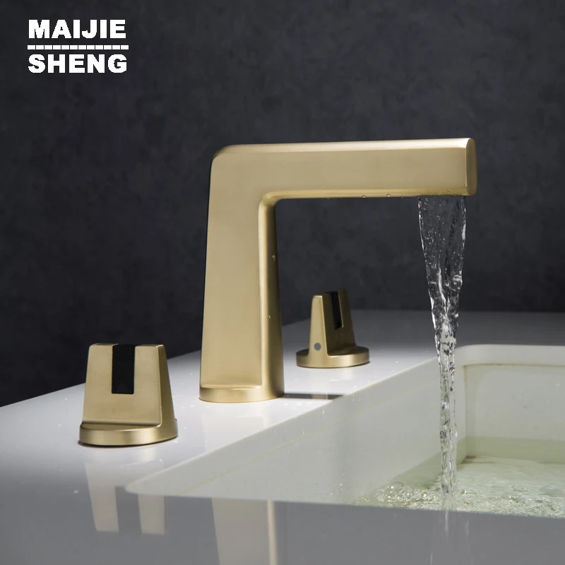 

Laskine Basin Mixer Double Handle Hot Cold Water Tap Basin Faucet Brushed Gold Brass Bathroom Sink Faucet 3 Hole Widespread