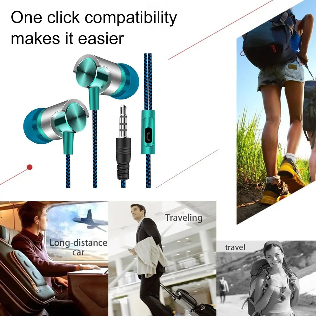 

In-ear Earphones Heavy Bass Nylon Cable Sturdy Tensile Earphones With Microphone Universal Portable Earphone