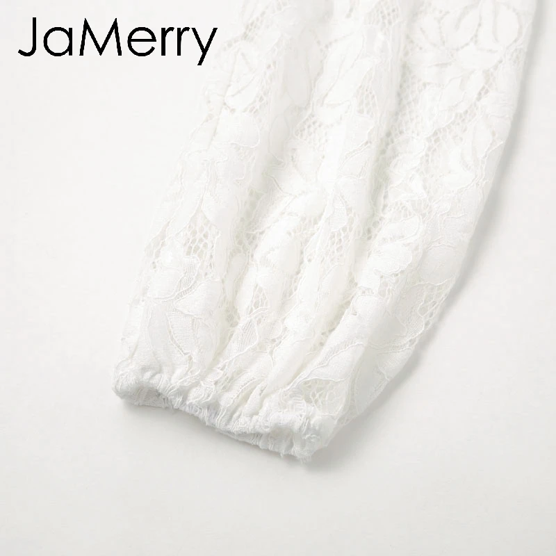 JaMerry винтажное элегантное белое кружевное Прозрачное платье с пышными рукавами и цветочным рисунком, платье с длинными рукавами, юбка с оборками с завышенной талией вечерние осенние платья