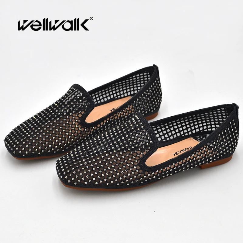 Wellwalk/черная блестящая обувь женские балетки на плоской подошве со стразами