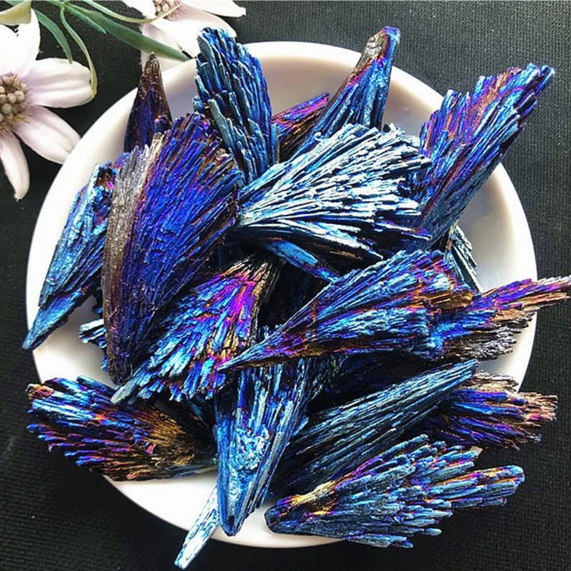 

1 PC Natural Crystal Black Tourmaline Electroplate Peacock Blue Stones Titanium Aura Quartz Feather Cluster Decor