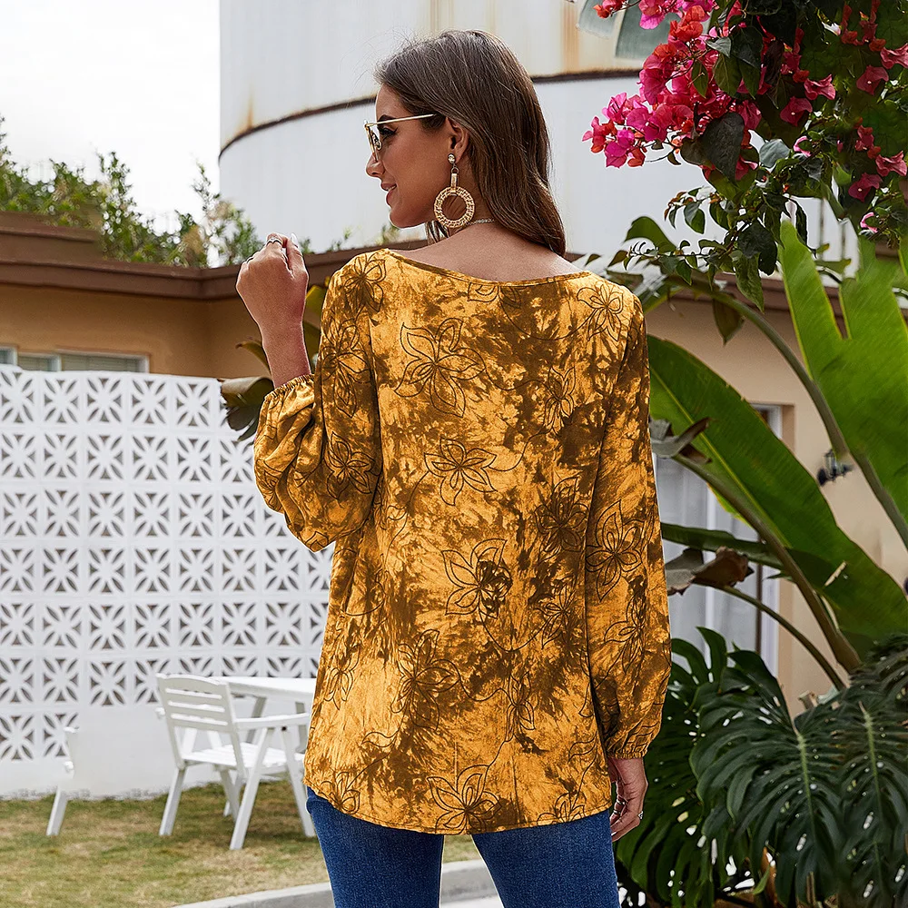 Spring Tie-dye Casual Long-sleeved Red Women's V-neck Blouse, Loose Polyester Plus Size Long-sleeved Shirt for Women Streetwear
