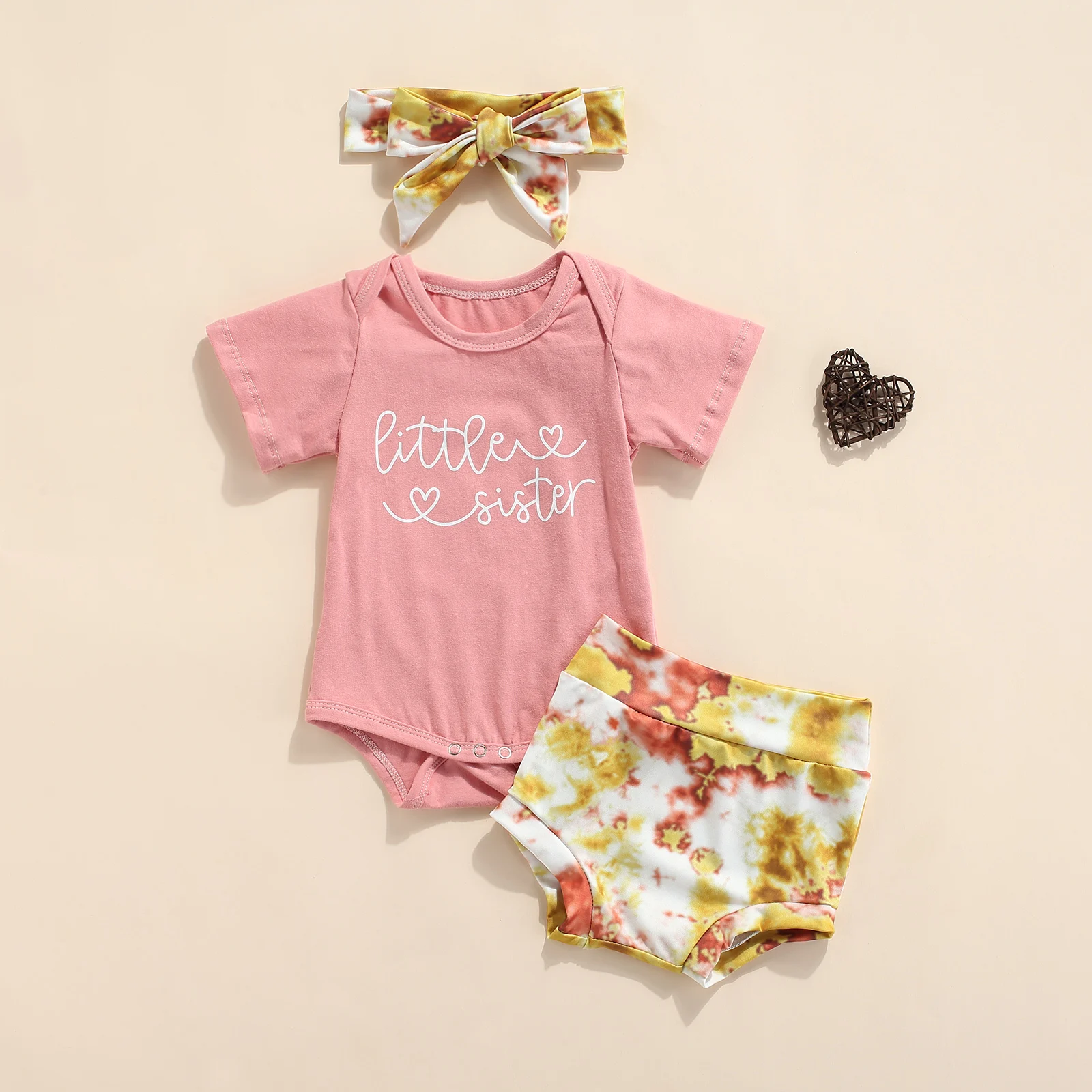 

3 Pieces Baby Suit Set Summer Letter Print O-Neck Short Sleeve Romper Tie-Dyed Shorts Headband 0-18 Months